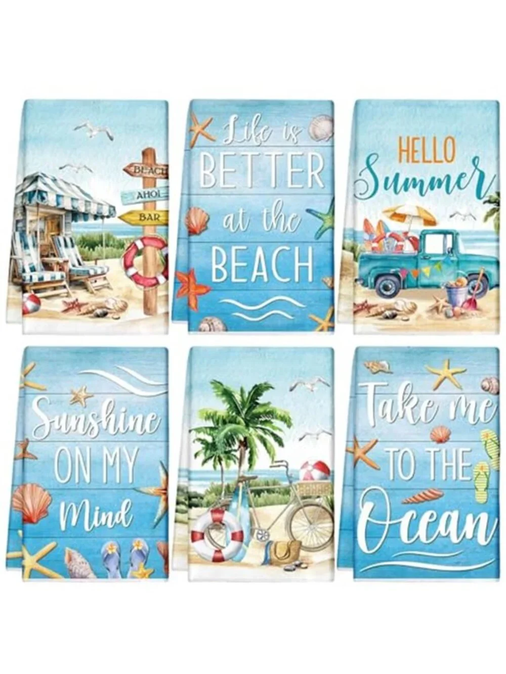 6 Pcs Summer Beach Kitchen Towels Beach Truck Shell Dish